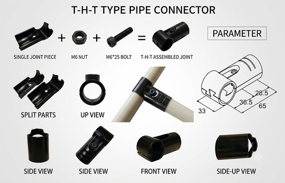Conectores de tubos metálicos duráveis para sistemas industriais de suportes de tubos e equipamentos de manuseio de materiais com acabamento negro reutilizável